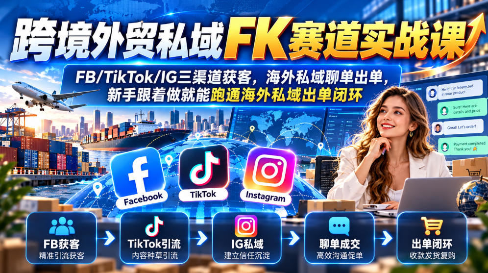 跨境外贸私域FK赛道实战课|FB/TikTok/IG三渠道获客,海外私域聊单出单,新手跟着做就能跑通海外私域出单闭环-52项目站