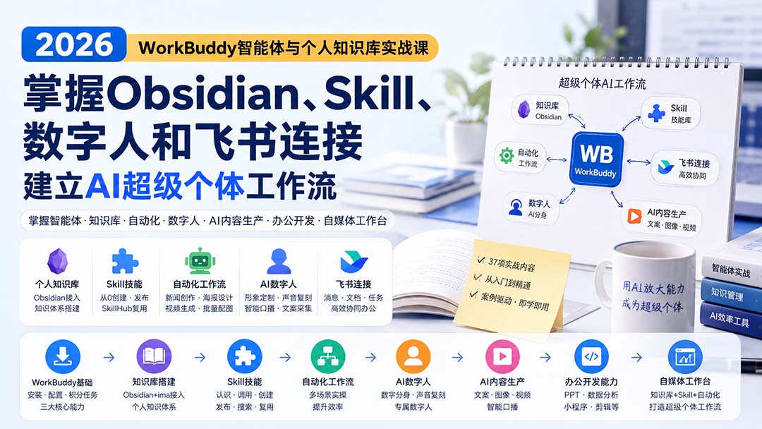 2026 WorkBuddy智能体与个人知识库实战课：掌握Obsidian、Skill、数字人和飞书连接，建立AI超级个体工作流-52项目站