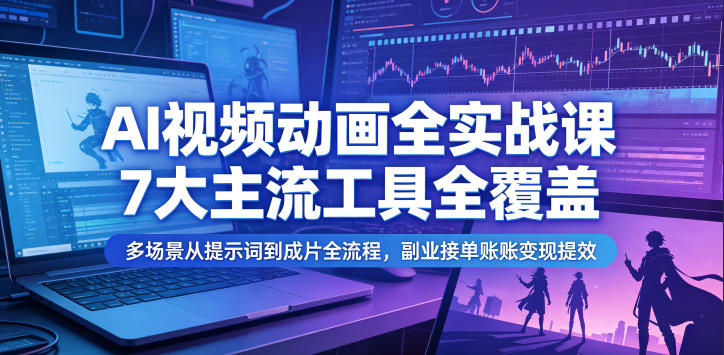 AI视频动画全实战课，7大主流工具全覆盖，多场景从提示词到成片全流程，副业接单账号变现提效-52项目站