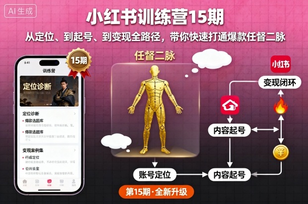 小红书训练营15期，从定位、到起号、到变现全路径，带你快速打通爆款任督二脉-52项目站