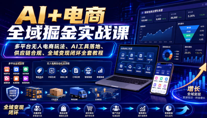 AI+电商全域掘金实战课｜多平台无人电商玩法、AI工具落地、供应链合规、全域变现闭环全套教程-52项目站