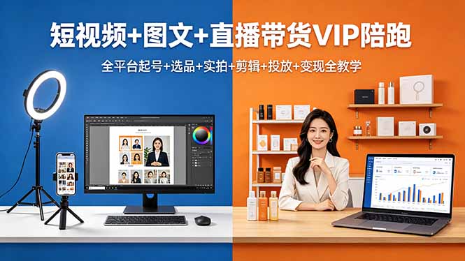 短视频+图文+直播带货VIP陪跑，全平台起号+选品+实拍+剪辑+投放+变现全教学-52项目站