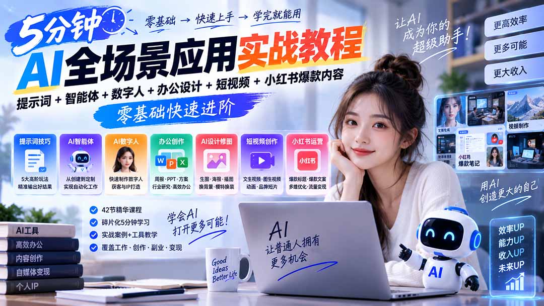 AI全场景应用实战教程｜提示词+智能体+数字人+办公设计+短视频+小红书爆款内容，零基础快速进阶-52项目站