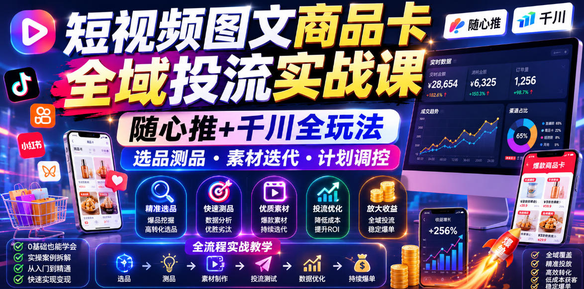 短视频图文商品卡全域投流实战课，随心推+千川全玩法，选品测品・素材迭代・计划调控，提升ROI爆单增收教程-52项目站