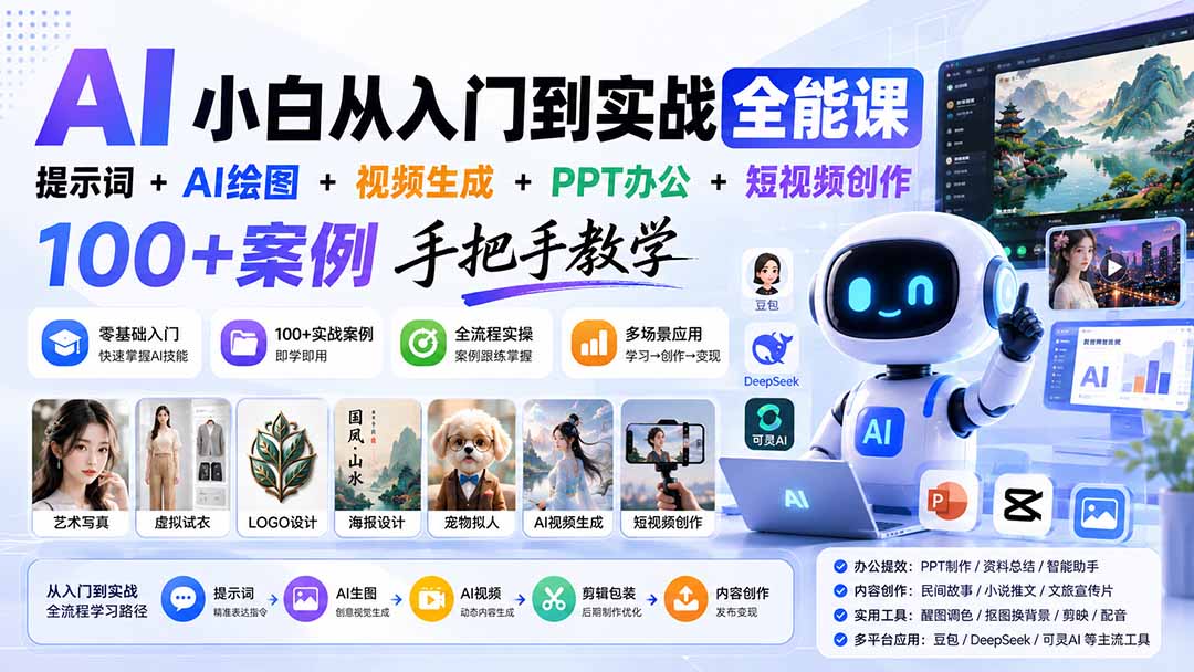 AI小白从入门到实战全能课：提示词+AI绘图+视频生成+PPT办公+短视频创作，100+案例手把手教学-52项目站
