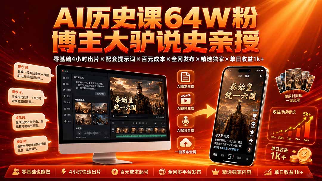 AI历史课64W粉博主大驴说史亲授：零基础4小时出片×配套提示词×百元成本×全网发布×精选独家×单日收益1k+-52项目站