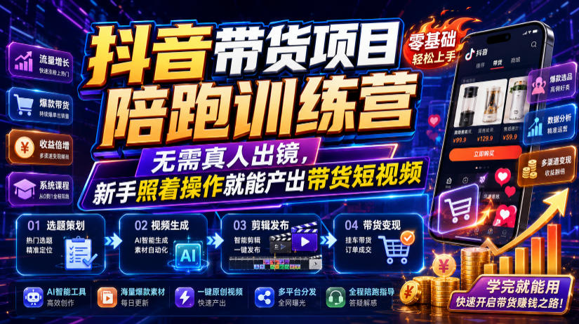 抖音带货项目陪跑训练营，无需真人出镜，新手照着操作就能产出带货短视频-52项目站