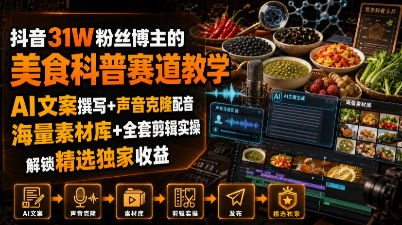 抖音31W粉丝博主的美食科普赛道教学，AI文案撰写+声音克隆配音+剪辑实操，解锁精选独家收益-52项目站