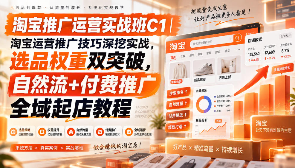 淘宝推广运营实战班C1｜淘宝运营推广技巧深挖实战，选品权重双突破，自然流+付费推广全域起店教程-52项目站