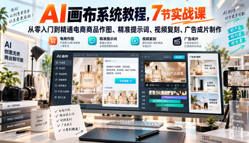 AI画布系统教程,7节实战课从零入门到精通电商商品作图、精准提示词、视频复刻、广告成片制作-52项目站