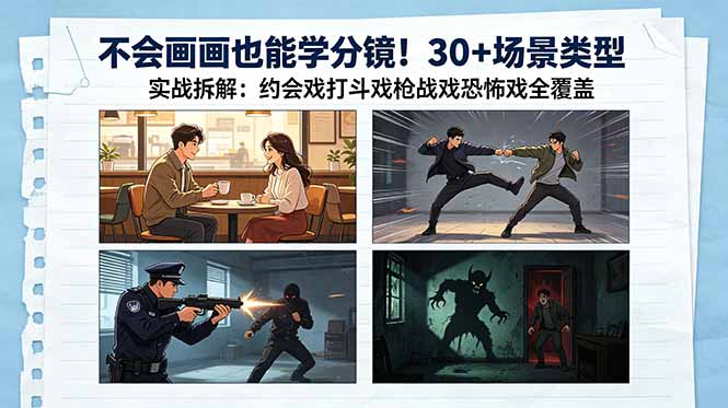 不会画画也能学分镜!30+场景类型实战拆解:约会戏打斗戏枪战戏恐怖戏全覆盖-52项目站