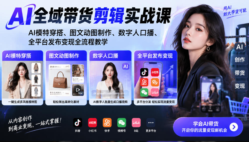 AI全域带货剪辑实战课｜AI模特穿搭、图文动图制作、数字人口播、全平台发布变现全流程教学-52项目站
