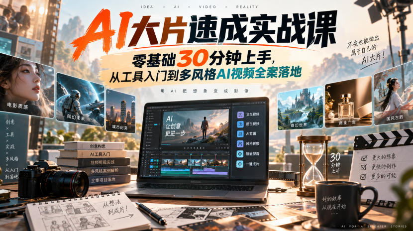AI大片速成实战课|零基础30分钟上手,从工具入门到多风格AI视频全案落地-52项目站