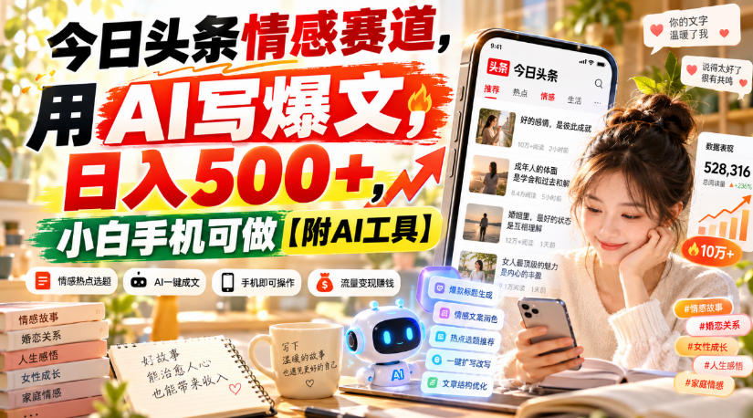 今日头条情感赛道,用AI写爆文,日入500+,小白手机可做【附AI工具】-52项目站