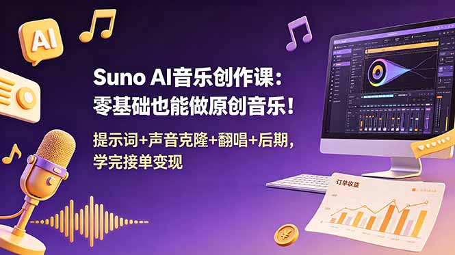 Suno AI音乐创作课:零基础也能做原创音乐!提示词+声音克隆+翻唱+后期,学完接单变现-52项目站