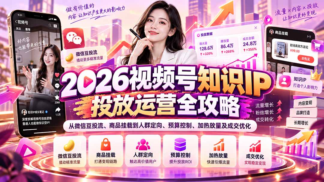 2026视频号知识IP投放运营全攻略:从微信豆投流、商品挂载到人群定向、预算控制、加热放量及成交优化-52项目站