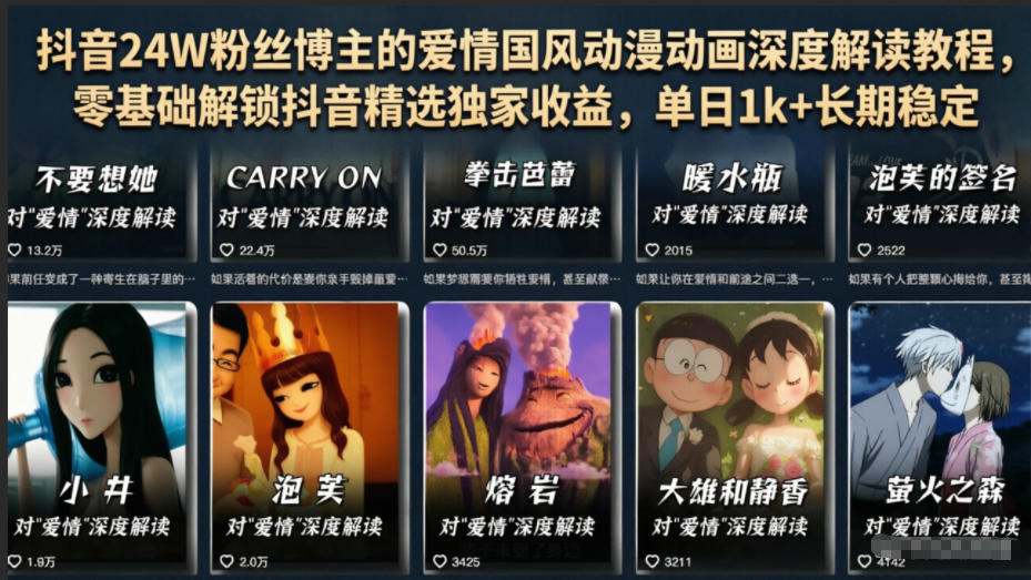 抖音24W粉丝博主的爱情国风动漫动画深度解读教程,零基础解锁抖音精选独家收益,单日1k+长期稳定-52项目站