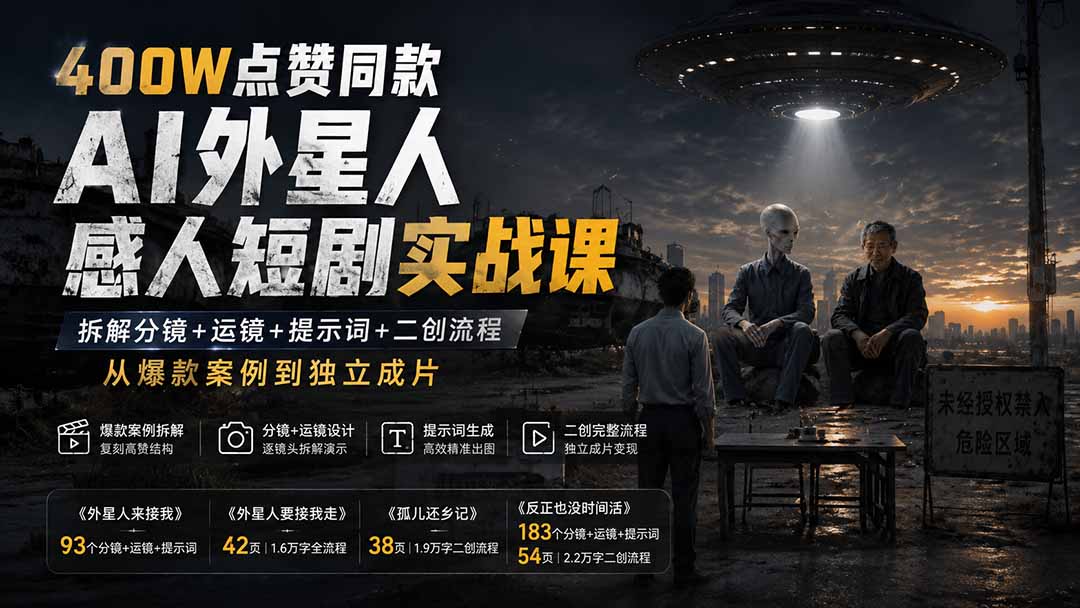 400W点赞同款AI外星人感人短剧实战课：拆解分镜+运镜+提示词+二创流程，从爆款案例到独立成片-52项目站