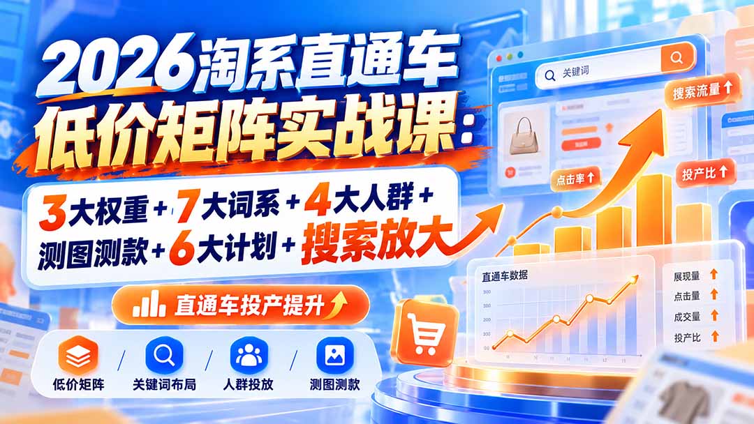 2026淘系直通车低价矩阵实战课：3大权重+7大词系+4大人群+测图测款+6大计划+搜索放大-52项目站