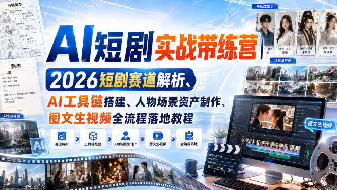 AI短剧实战带练营｜2026短剧赛道解析、AI工具链搭建、人物场景资产制作、图文生视频全流程落地教程-52项目站