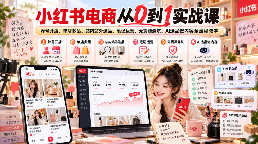小红书电商从0到1实战课|养号开店、单店多品、站内站外选品、笔记运营、无货源避坑、AI选品做内容全流程教学-52项目站