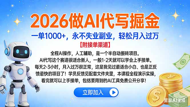2026做AI代写掘金，一单1000+，永不失业副业，轻松月入过万-52项目站