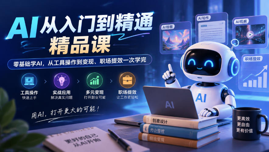 AI从入门到精通精品课,零基础学AI,从工具操作到变现、职场提效一次学完-52项目站