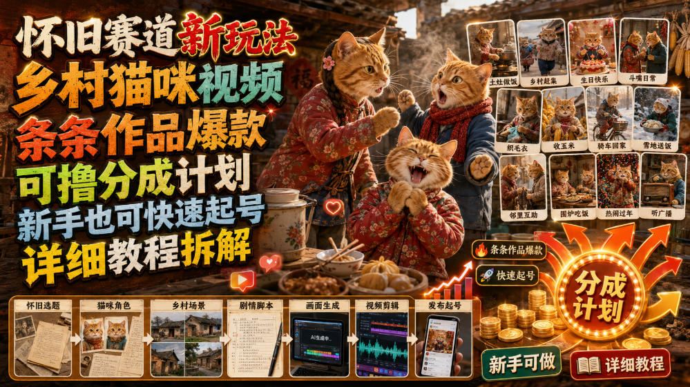 怀旧赛道新玩法，乡村猫咪视频，条条作品爆款，可撸分成计划，新手也可快速起号，详细教程拆解-52项目站