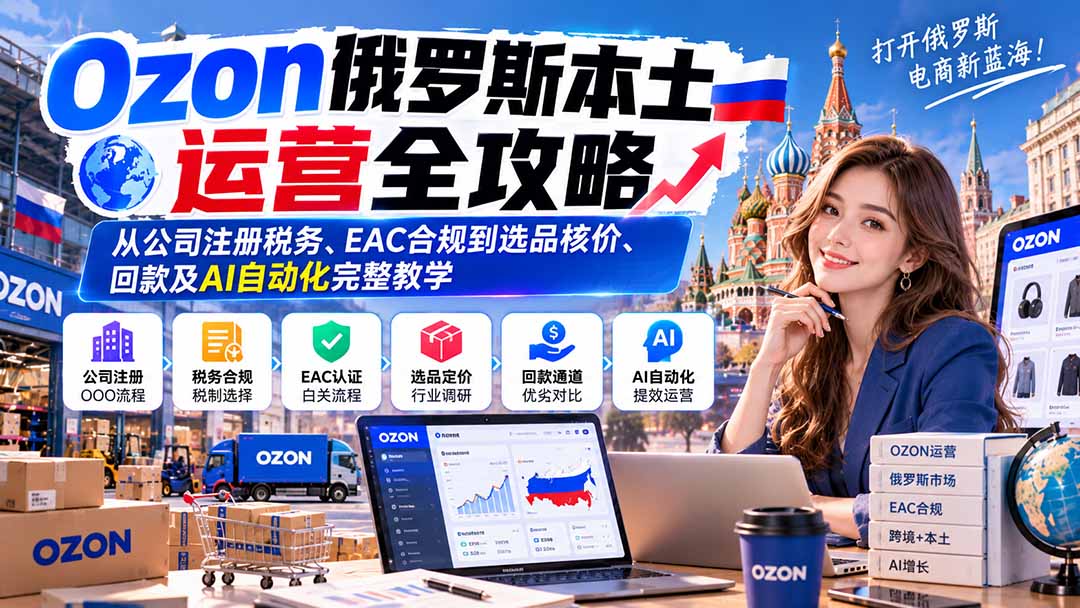 Ozon俄罗斯本土运营全攻略:从公司注册税务、EAC合规到选品核价、回款及AI自动化完整教学-52项目站