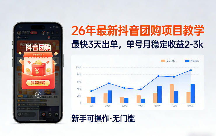 26年最新抖音团购项目教学，0门槛，最快3天出单，单号月稳定收益2-3k-52项目站