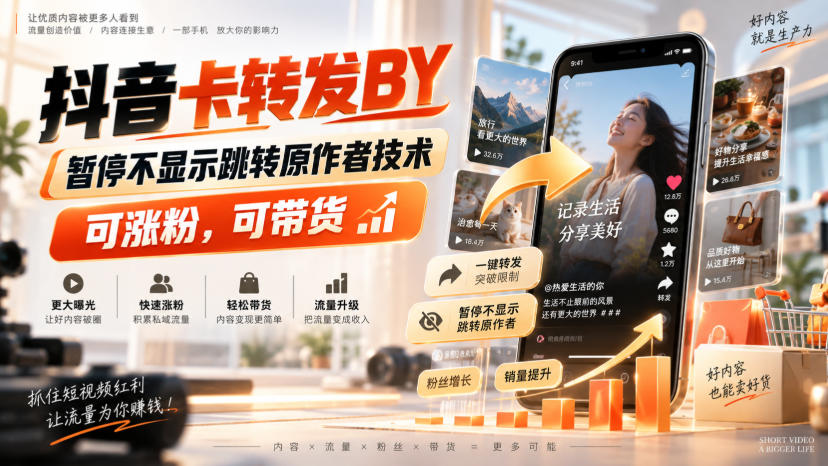 抖音卡转发搬运,暂停不显示跳转原作者技术,可涨粉,可带货-52项目站