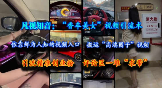 凡视知音:“香车美女”视频引流术,依靠鲜为人知的视频入口,搬运“高端圈子”视频,引流精准创业粉,评论区一堆“求带”-52项目站