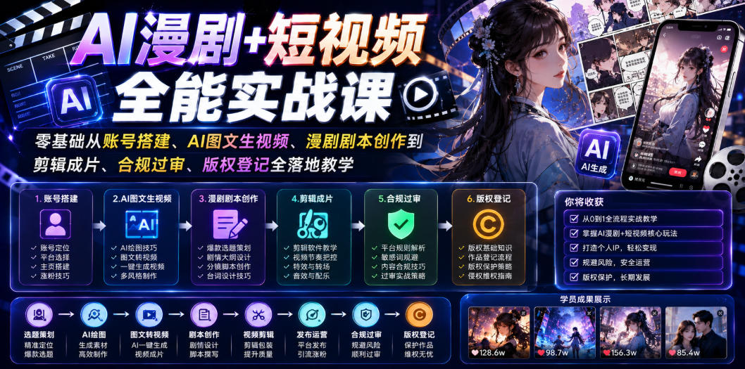 AI漫剧+短视频全能实战课｜零基础从账号搭建、AI图文生视频、漫剧剧本创作到剪辑成片、合规过审、版权登记全落地教学-52项目站