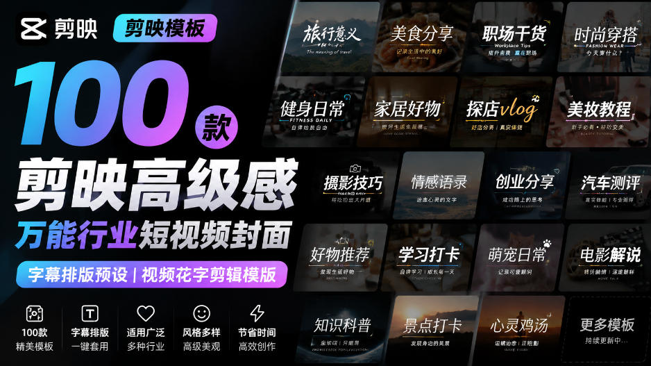 【剪映模板】100款剪映高级感万能行业短视频封面字幕排版预设视频花字剪辑模版-52项目站