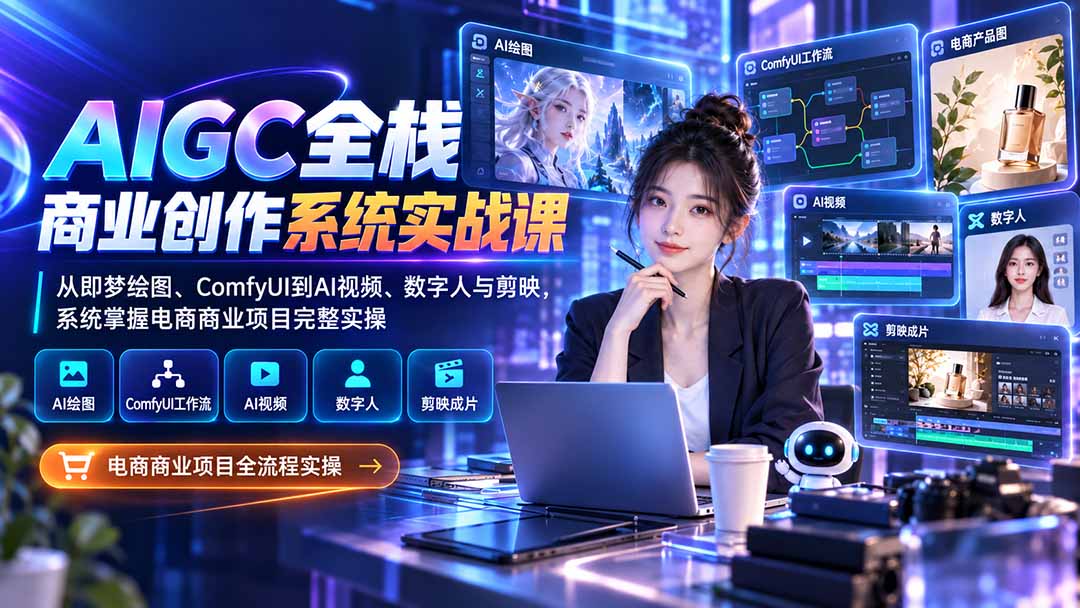 AIGC全栈商业创作系统实战课-更新1017:从即梦绘图、ComfyUI到AI视频、数字人与剪映,系统掌握电商商业项目完整实操-52项目站