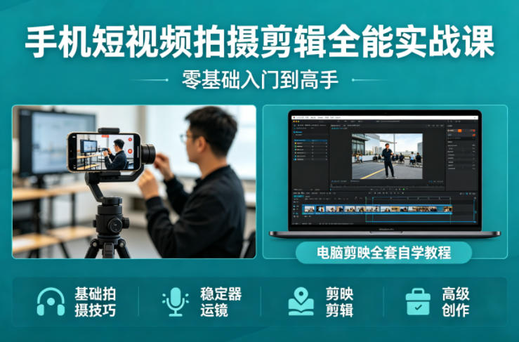 手机短视频拍摄剪辑全能实战课：零基础入门到高手，稳定器运镜+电脑剪映全套自学教程-52项目站