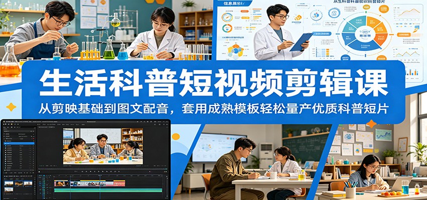 生活科普短视频剪辑课：从剪映基础到图文配音，套用成熟模板轻松量产优质科普短片-52项目站