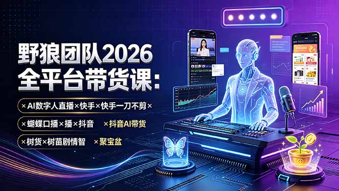 野狼团队2026全平台带货课-7月：AI数字人直播×快手一刀不剪×蝴蝶口播×抖音AI带货×树苗剧情智剪×聚宝盆-52项目站