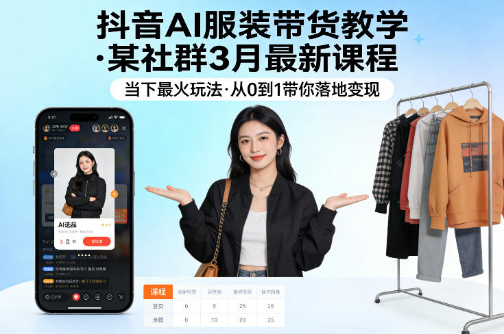 抖音AI服装带货教学,某社群3月最新课程,当下最火玩法,从0到1带你落地变现-52项目站