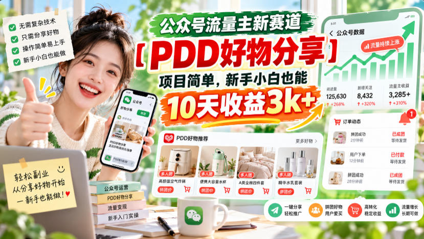 公众号流量主新赛道【PDD好物分享】，项目简单，新手小白也能10天收益3k+-52项目站