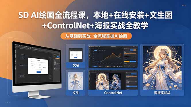 SD AI绘画全流程课，本地+在线安装+文生图+ControlNet+海报实战全教学-52项目站