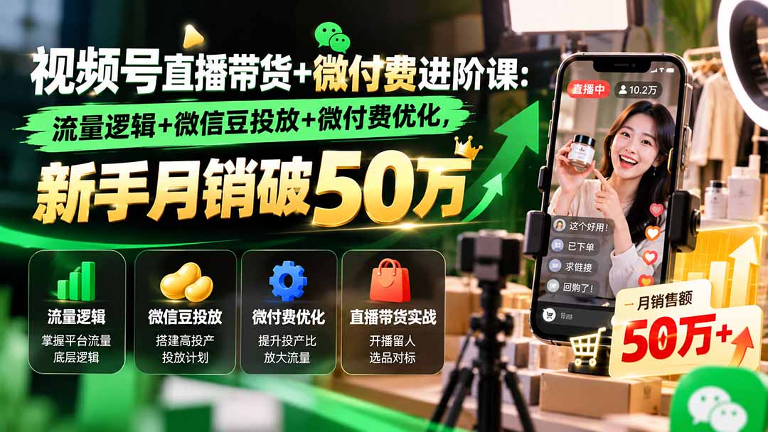 视频号直播带货+微付费进阶课-更新1010:流量逻辑+微信豆投放+微付费优化,新手月销破50万-52项目站