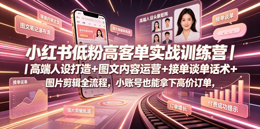 小红书低粉高客单实战训练营｜高端人设打造+图文内容运营+接单谈单话术+图片剪辑全流程，小账号也能拿下高价订单-52项目站