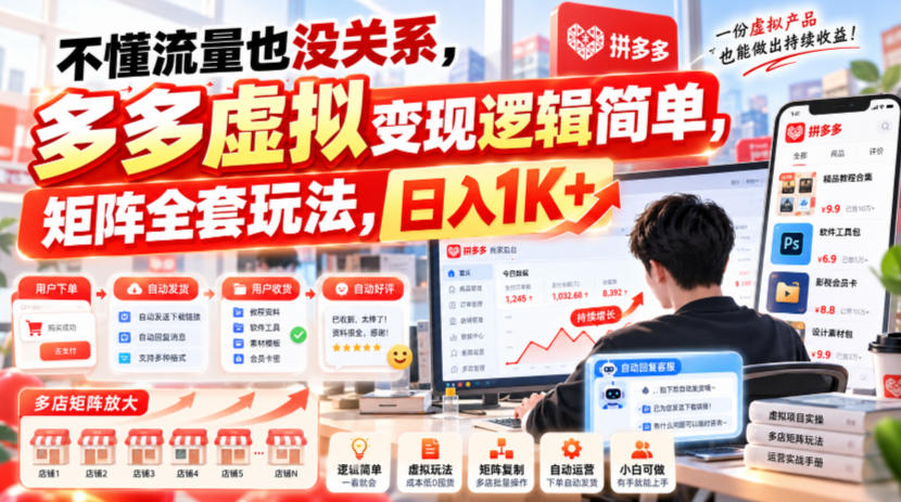 不懂流量也没关系,多多虚拟变现逻辑简单,矩阵全套玩法,日入1K+【揭秘】-52项目站