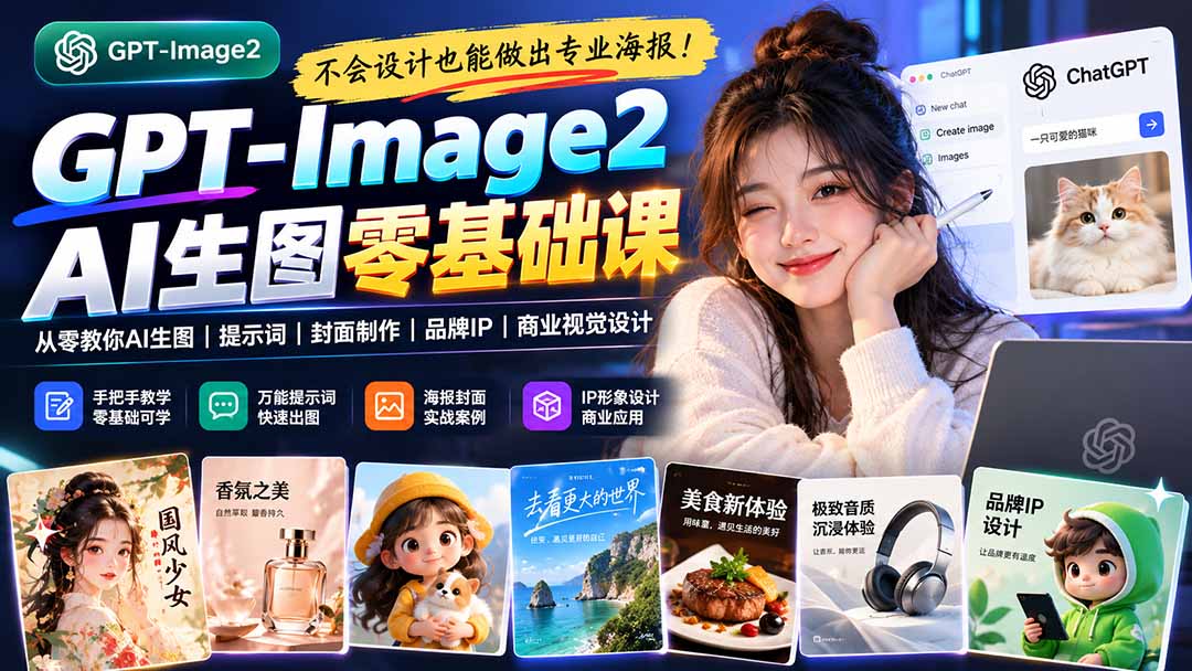 不会设计也能做出专业海报!GPT-Image2从零教你AI生图、提示词、封面制作、品牌IP与商业视觉设计-52项目站