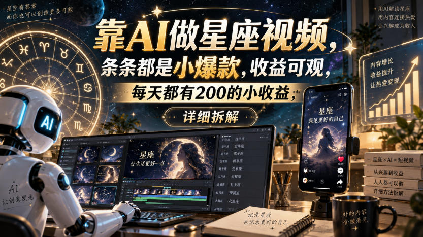 靠AI做星座视频，条条都是小爆款，收益可观，每天都有200的小收益，详细拆解-52项目站