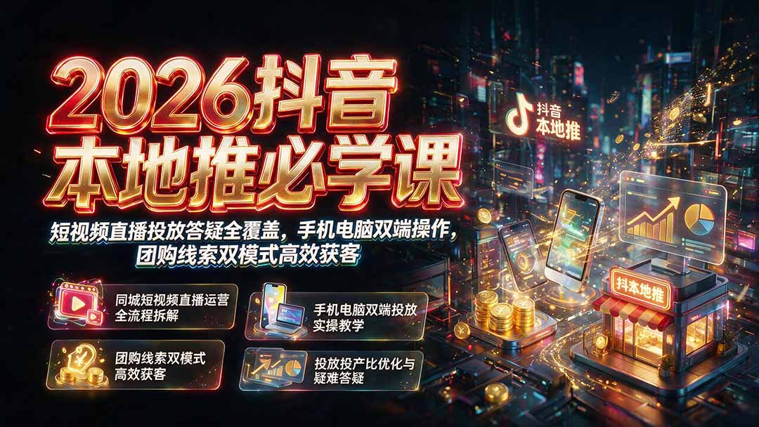 2026抖音本地推必学课|短视频直播投放答疑全覆盖,手机电脑双端操作,团购线索双模式高效获客-52项目站