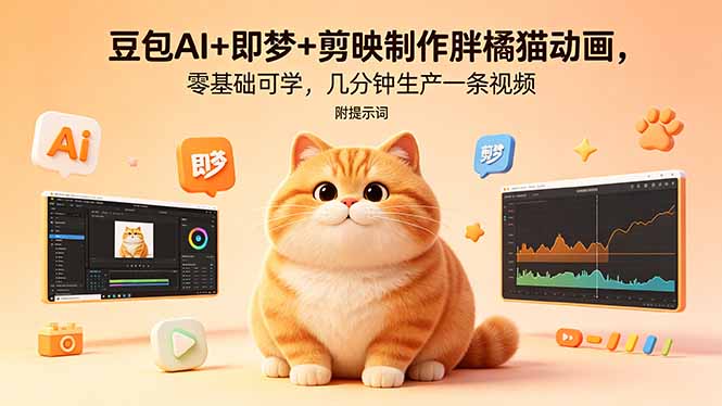 豆包AI+即梦+剪映制作胖橘猫动画，零基础可学，几分钟生产一条视频，附提示词-52项目站