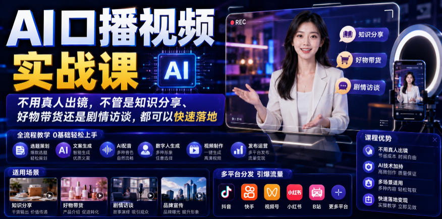 AI口播视频实战课，不用真人出镜，不管是知识分享、好物带货还是剧情访谈，都可以快速落地-52项目站