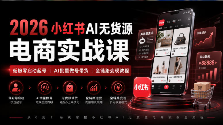 2026小红书AI无货源电商实战课|低粉零启动起号|AI批量做号带货全链路变现教程-52项目站